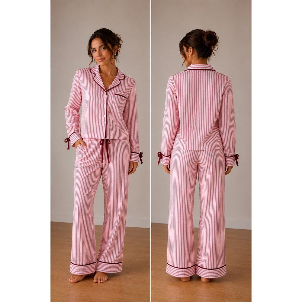 Rachel Ashwell Red White Striped Cotton‎ Pajama Set Velvet Ties Small